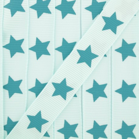 Ruban Froufrou gros grain étoiles aquamarine x 1m