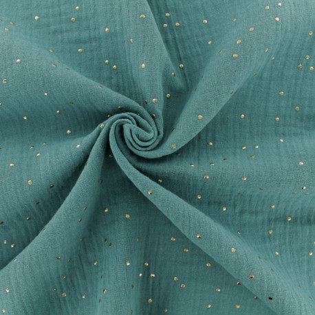 Tissu double gaze de coton pois doré - eucalyptus x 10cm