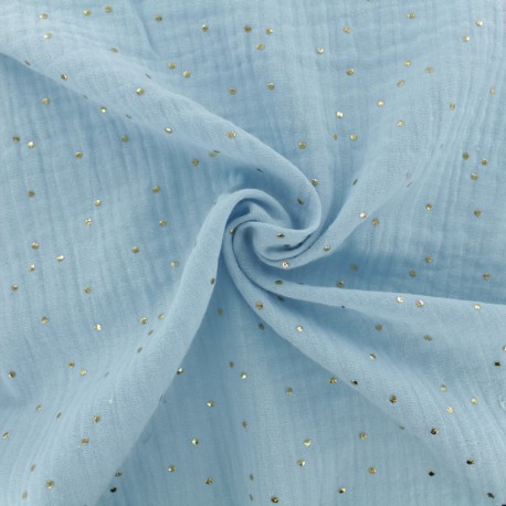 Tissu double gaze de coton pois doré - bleu glacier x 10cm