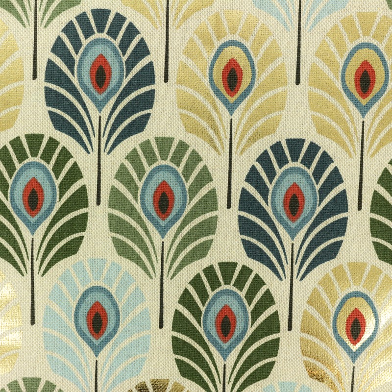 Tissu polycoton à motifs Plume de paon doré/bleu canard| MPM