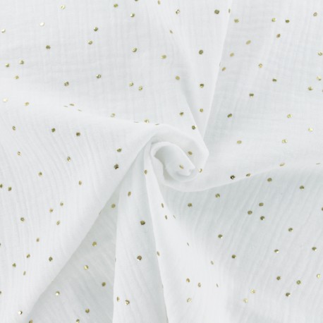 Tissu double gaze de coton pois doré x 10cm