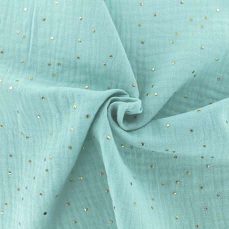 Tissu double gaze de coton pois doré - menthe claire x 10cm