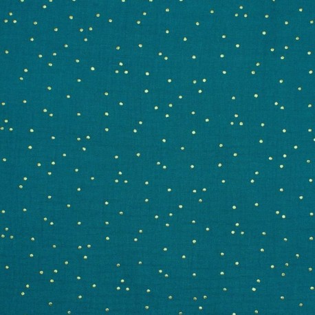 Tissu double gaze de coton pois doré - paon x 10cm