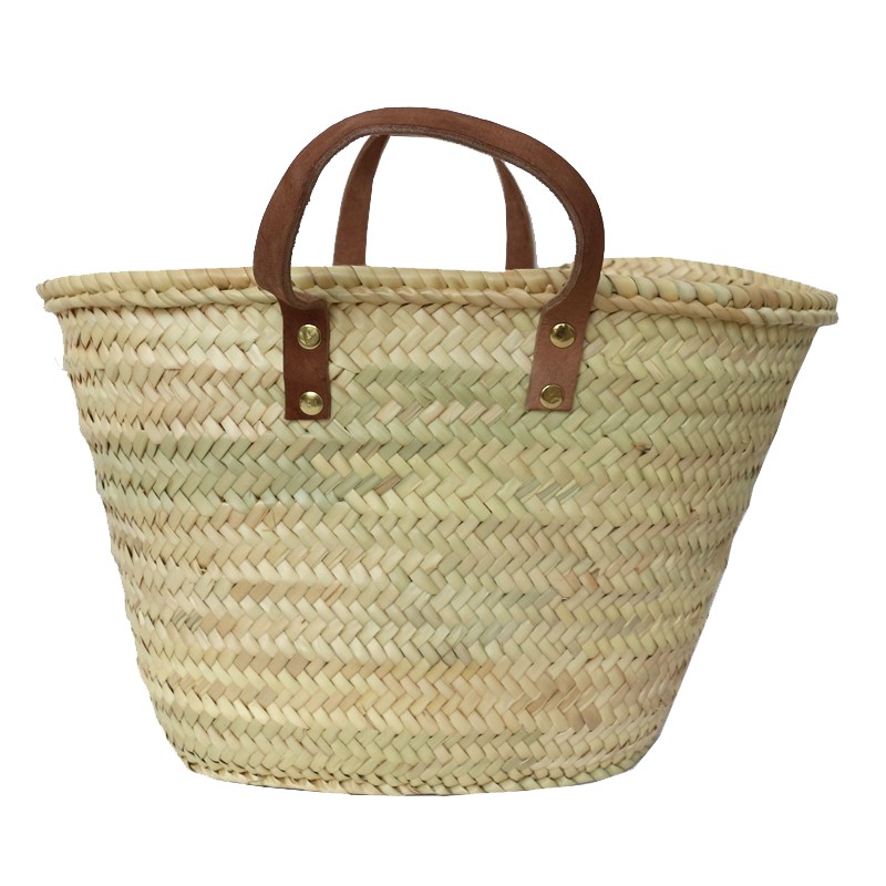 Panier en palmier avec anses en cuir