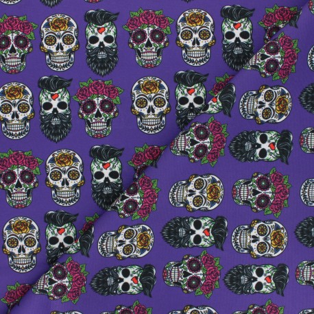 Tissu polyester pour masque Flower & skull - violet x 10cm