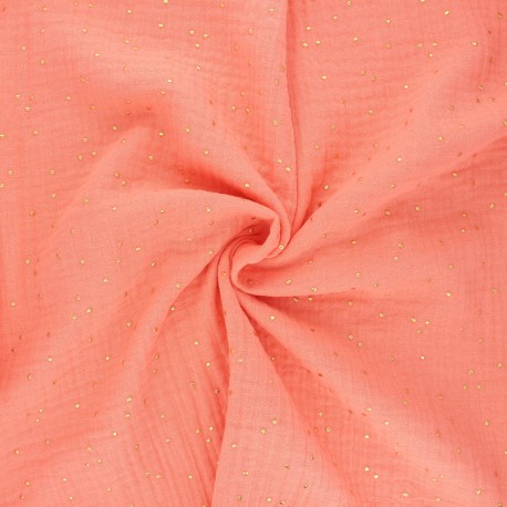 Tissu double gaze de coton pois doré - corail x 10cm