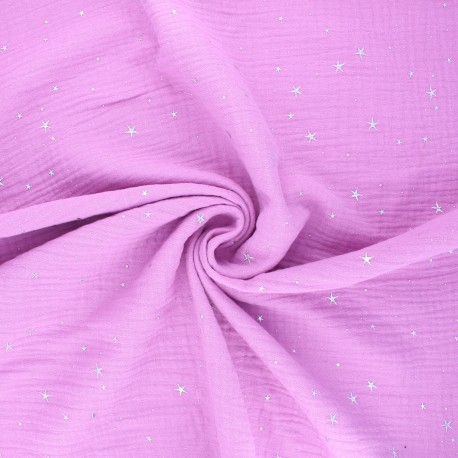 Tissu double gaze de coton Cosmicolo argenté - rose orchidée x 10cm
