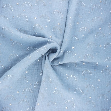 Tissu double gaze de coton Pimbolux argenté - bleu clair x 10cm
