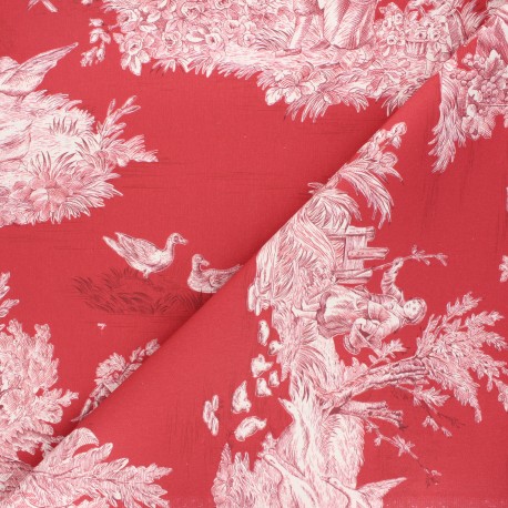 Tissu toile de Jouy Pastorale - framboise x 48cm