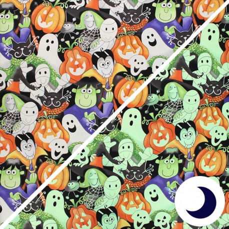 Tissu coton phosphorescent Here we glow - Faces - multicolore x 10cm