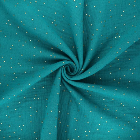 Tissu double gaze de coton pois doré - Lagon x 10cm