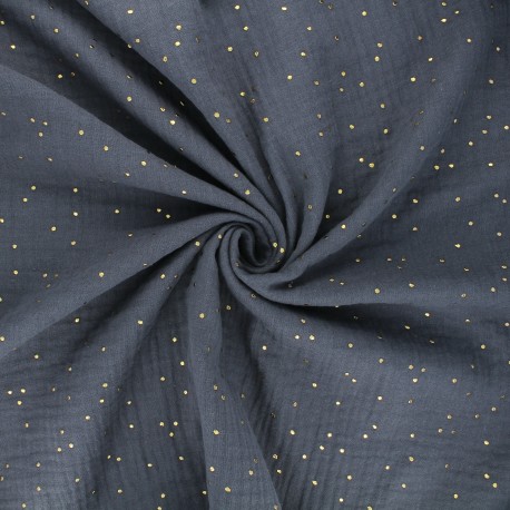 Tissu double gaze de coton pois doré - gris x 10cm