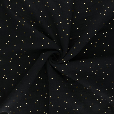 Tissu double gaze de coton pois doré - noir x 10cm