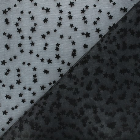 Tulle souple floqué étoile noir sur noir au mètre