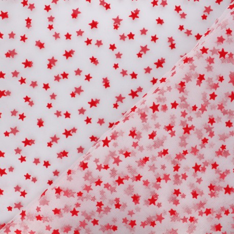 Tulle souple floqué étoile rouge sur blanc au mètre