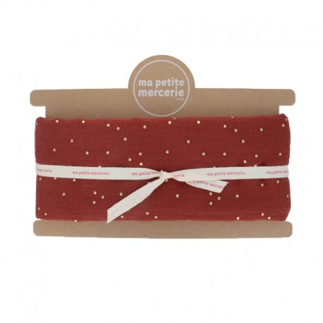 Coupon tissu double gaze de coton pois doré - tomette (50 cm x 130 cm)