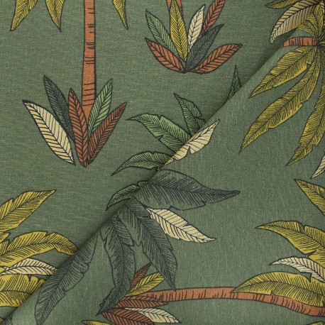 Tissu toile polycoton aspect lin Palm beach - vert kaki x 10cm