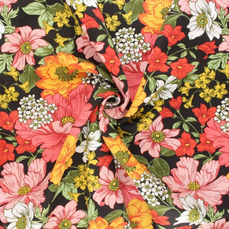Tissu popeline de viscose Flore - noir x 10cm