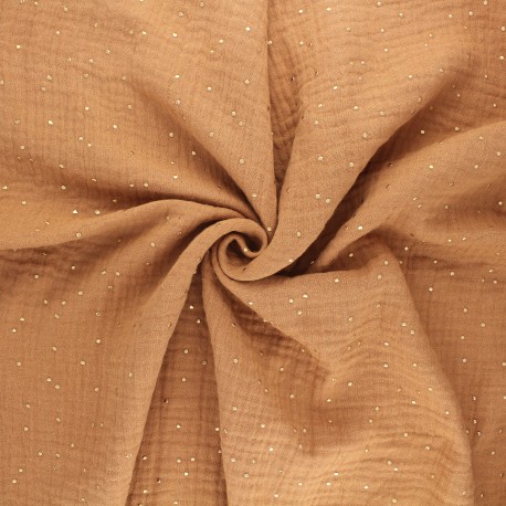 Tissu double gaze de coton pois doré - caramel x 10cm