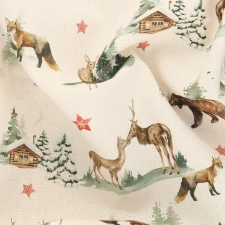 Tissu popeline de coton L'hiver en Laponie - naturel x 10cm