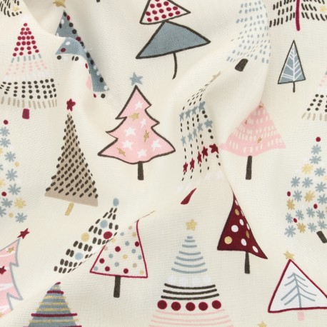 Tissu popeline de coton Forêt de Noël - écru x 10cm