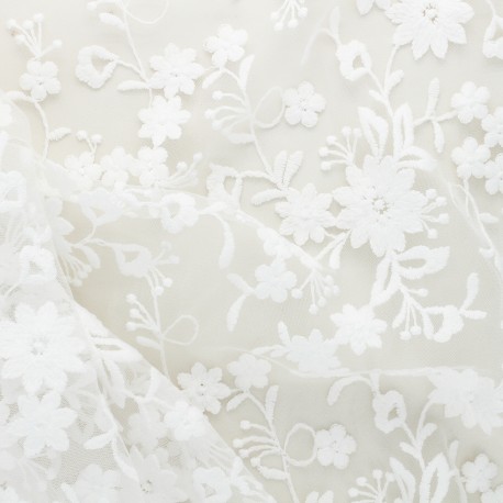 Tissu dentelle brodée Amour - blanc cassé