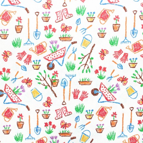 Tissu coton cretonne enduit Dessin jardinage - blanc