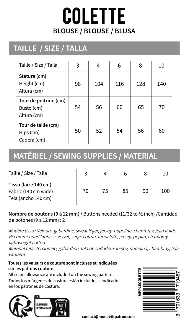 Patron de couture enfant Patron top Mon Petit Patron Colette