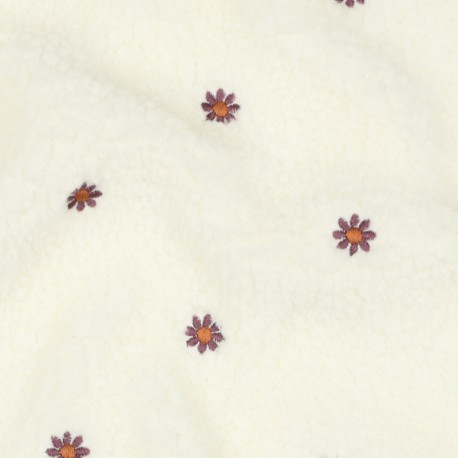 Tissu fourrure sherpa brodé Fleur - écru