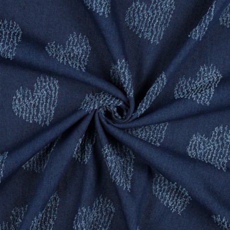 Tissu jean jacquard Coeur - bleu