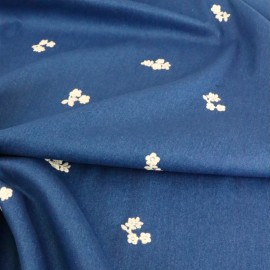 Tissu jean brodé Jean & col - bleu