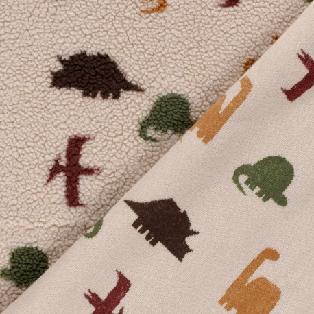 Tissu fourrure sherpa Dinosaures - beige