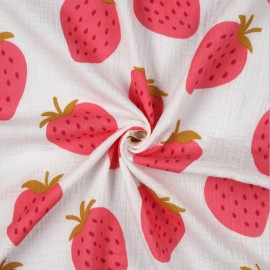 Tissu double gaze de coton Fraise - blanc cassé