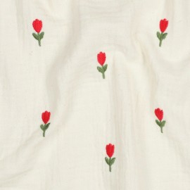 Tissu double gaze de coton brodé Tulipe - écru