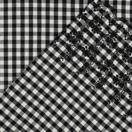 Tissu voile de coton festonné Vichy - noir