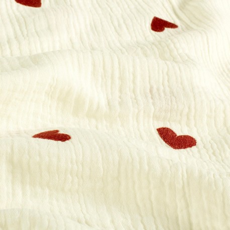 Tissu double gaze de coton brodé Cœur - écru