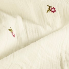 Tissu double gaze de coton brodé Flore - écru