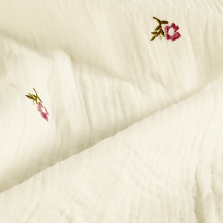 Tissu double gaze de coton brodé Flore - écru